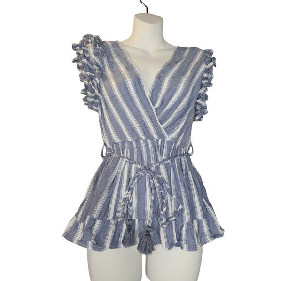 Angie Tops - Angie‎ Women Medium Top Blue Striped Surplice Ruffle Sleeve Boho Hippie Festival